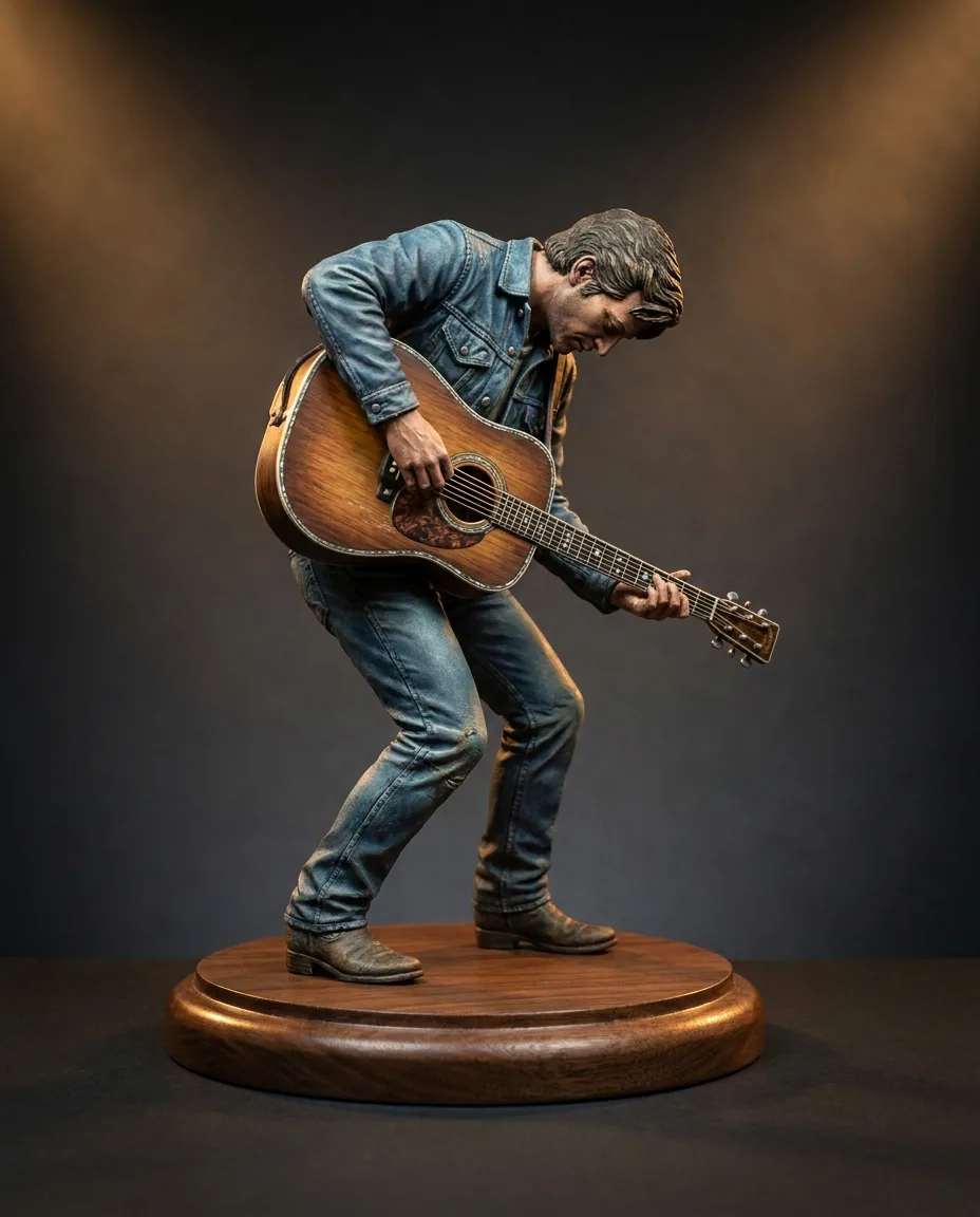 Full-figure sculpture of a musician holding an instrument. Full figure with instrument, 12.5″ (32 cm), 22 painting hours
