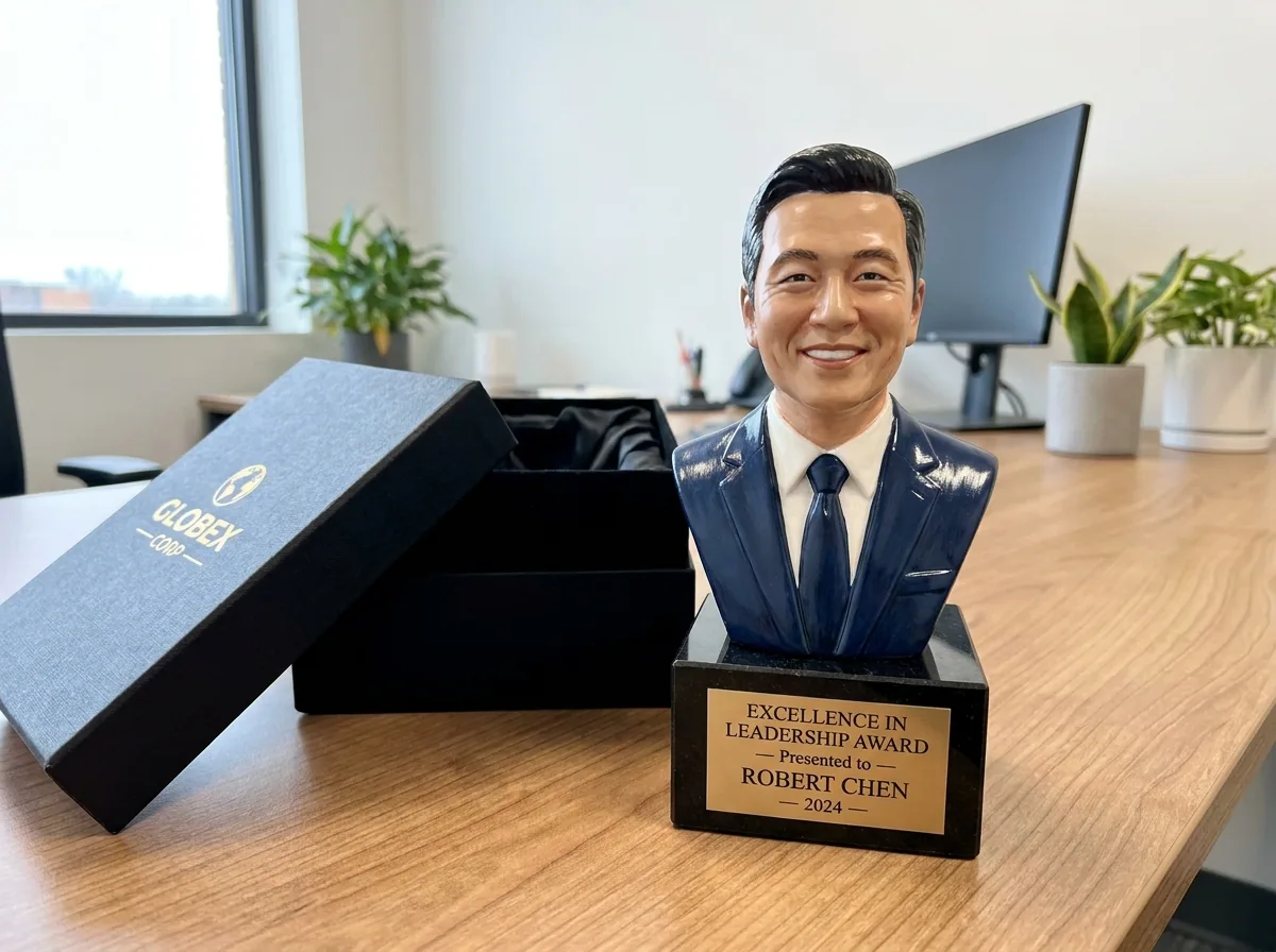 Hand-painted corporate award bust displayed on an office desk