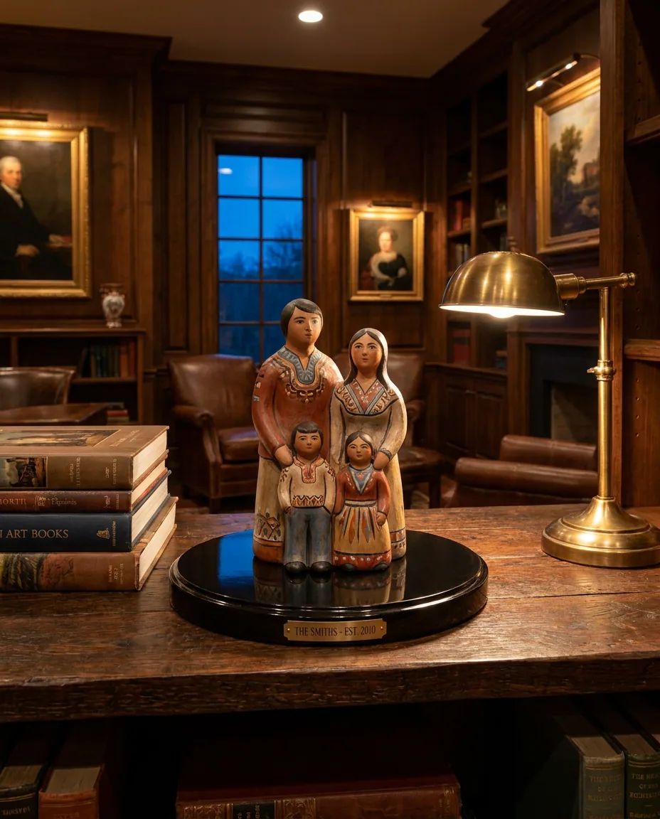 Small sculptural piece displayed on a bookshelf