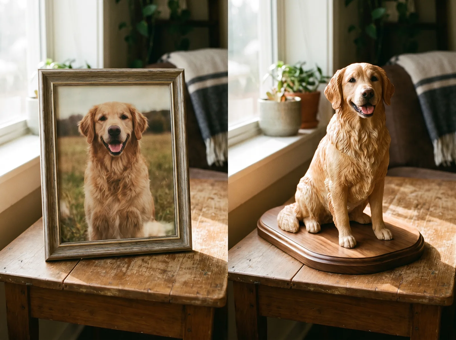 Photograph of a golden retriever placed next to the hand-painted sculpture made from it