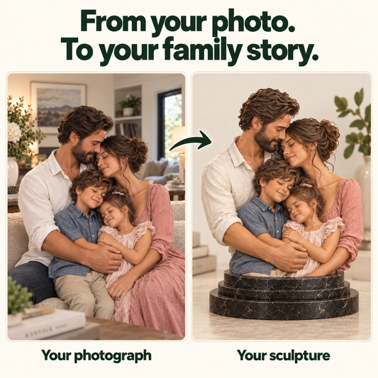 Custom family sculpture from photos — photograph to sculpture comparison