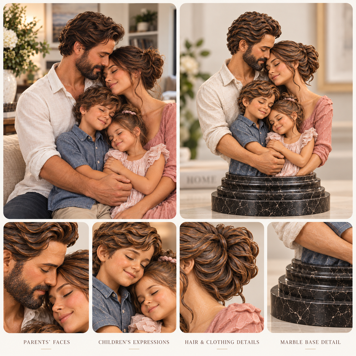 Custom family sculpture — faces, hair, clothing and marble base details