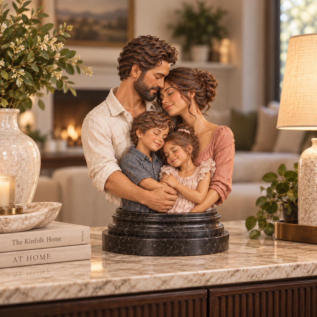 Custom family sculpture displayed in a warm home interior