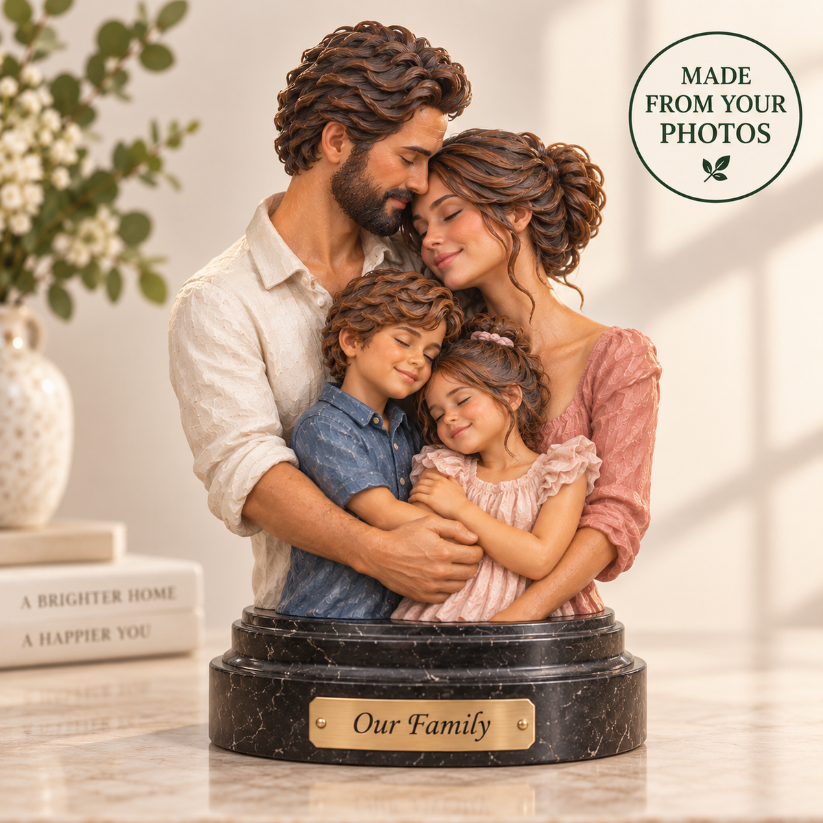 Custom family sculpture — studio product image with personalized plaque