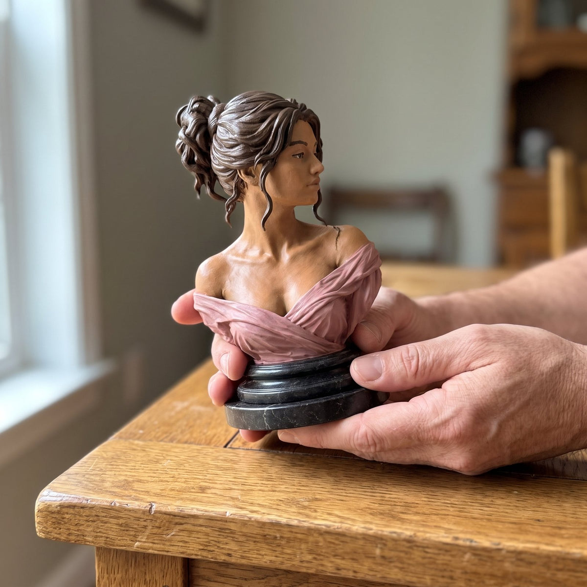 Your Portrait sculpture — held by the base; illustrative scale. Illustrative product presentation.